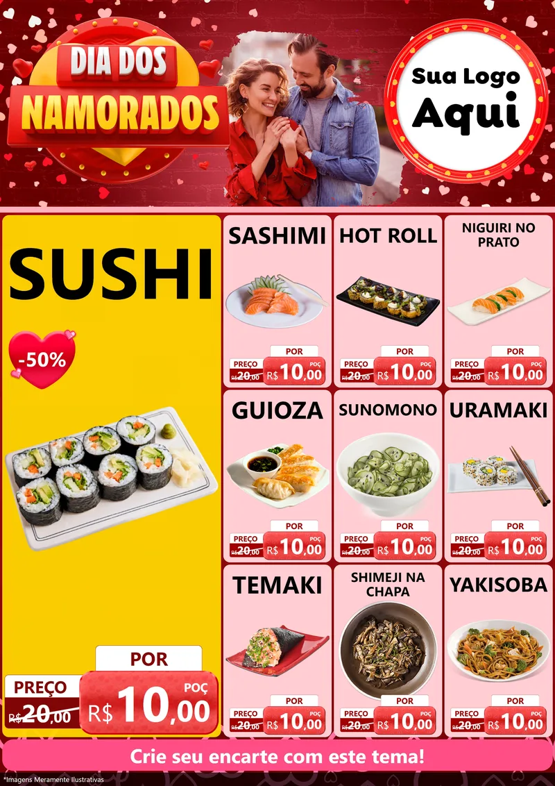Modelo de Encarte para Encarte A4 Vertical com o tema Dia Dos Namorados para Comida japonesa