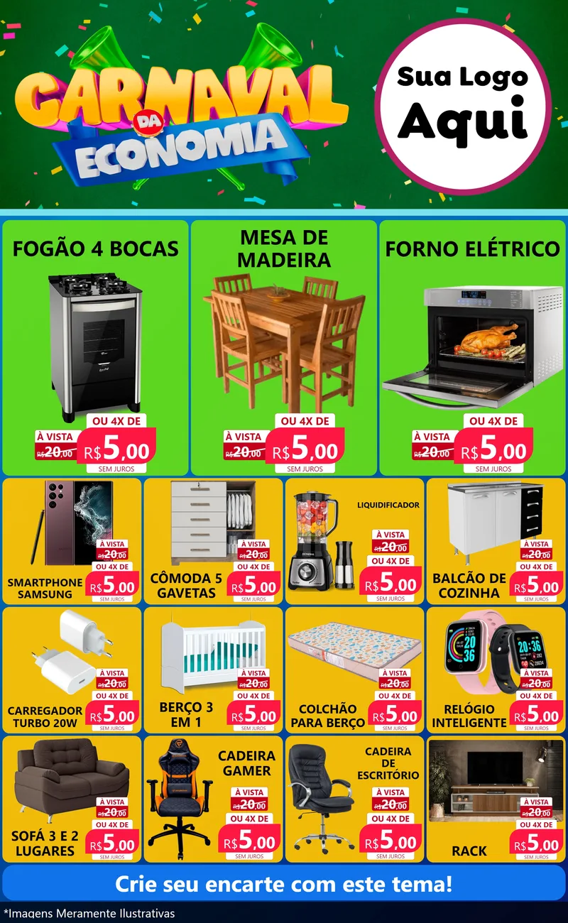 Modelo de Encarte para Encarte Grande com o tema Carnaval da Economia para Móveis e Eletro