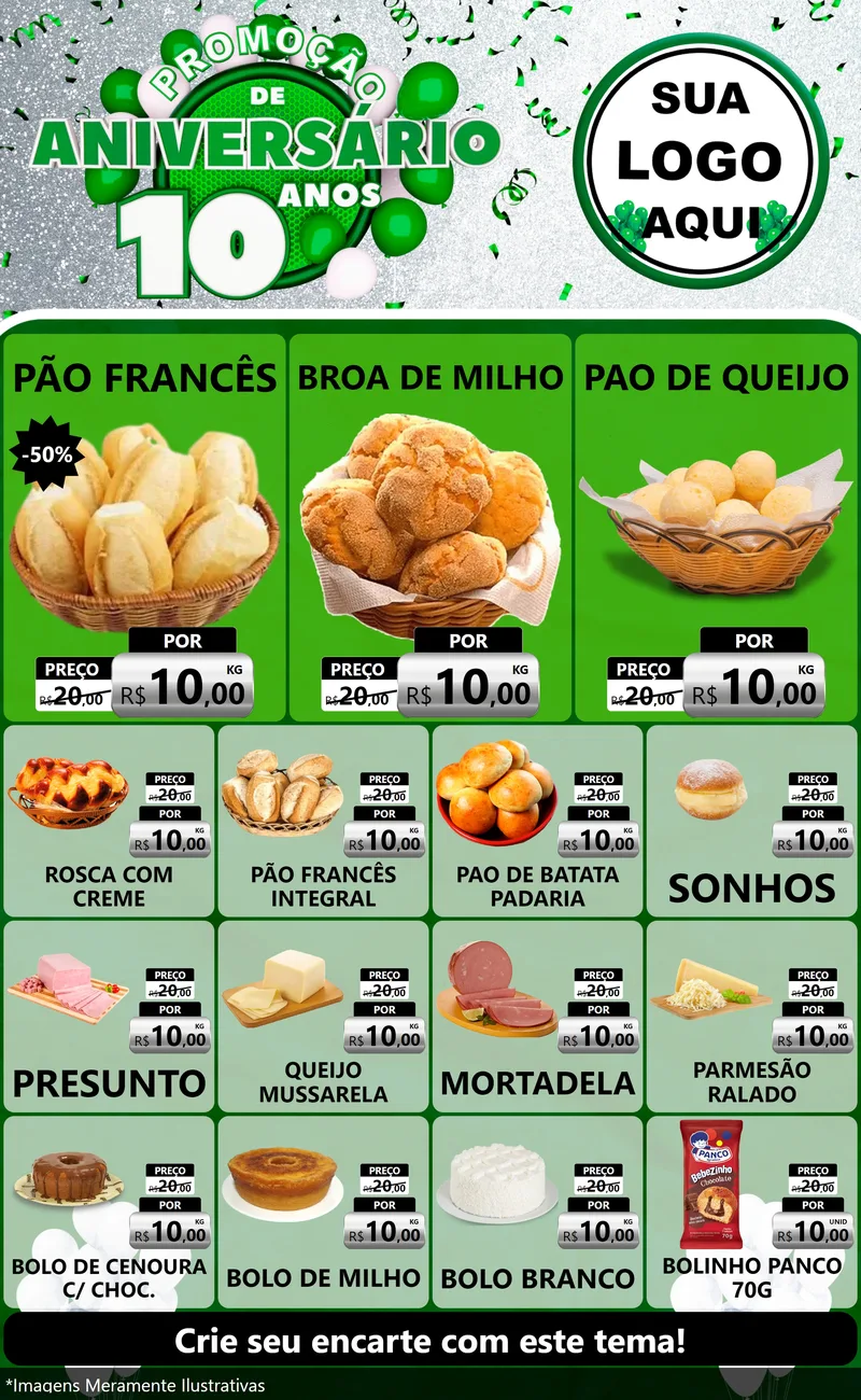 Modelo de Encarte para Encarte Grande com o tema Promoção de Aniversário - 10 Anos para Padaria