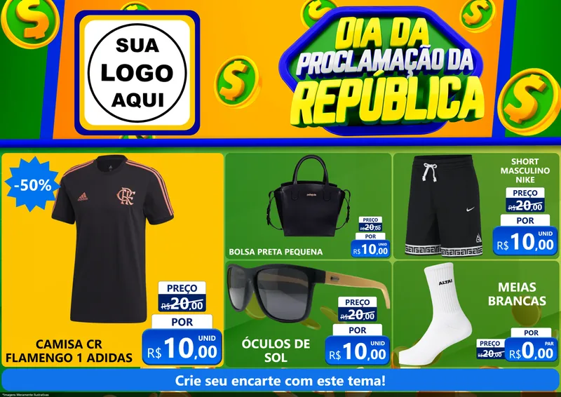 Modelo de Encarte para Encarte A4 Horizontal com o tema Dia Da Proclamação da República para Roupas e acessórios