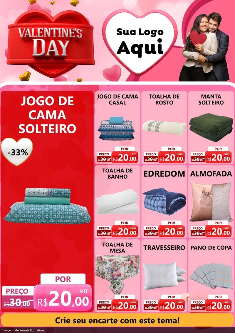 Modelo de Encarte para Encarte A4 Vertical com o tema Valentine's Day para Cama, Mesa e Banho