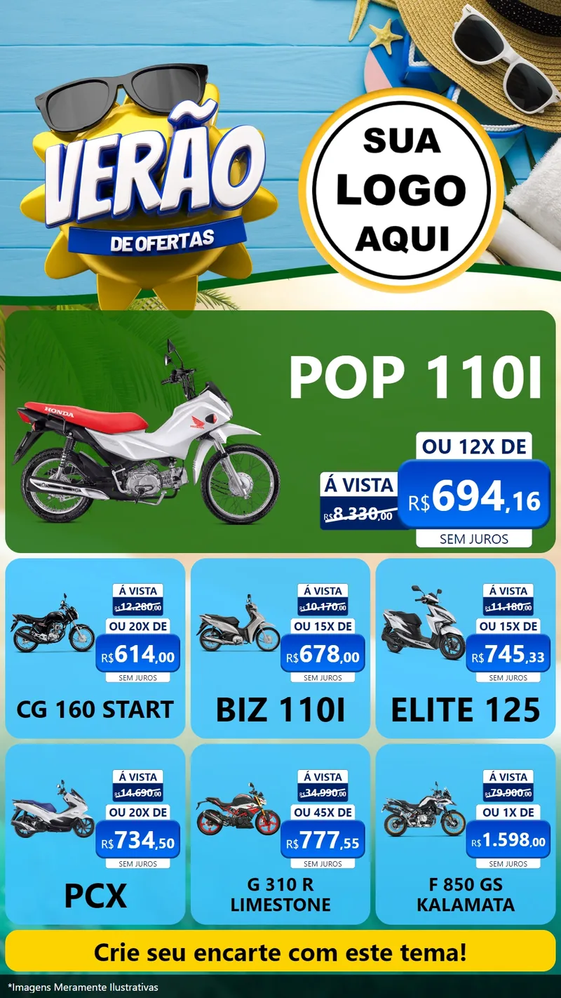Modelo de Rede Social para Stories com o tema Verão de Ofertas para Concessionaria de Motos