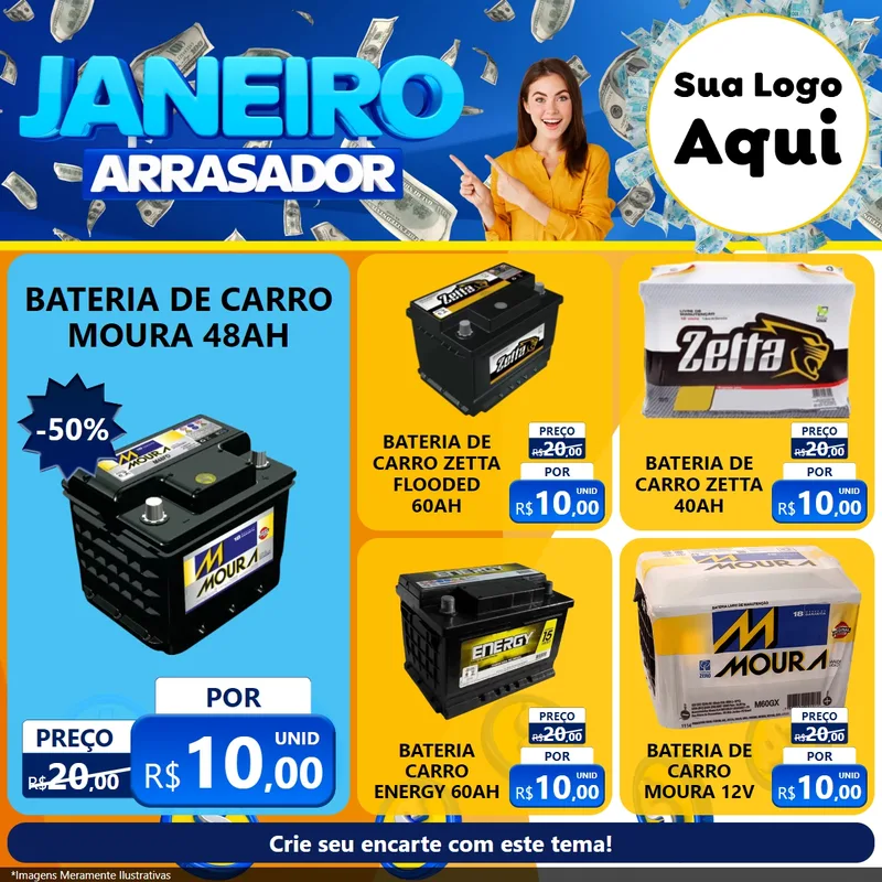 Modelo de Rede Social para Feed Facebook com o tema Janeiro Arrasador para Baterias Elétricas