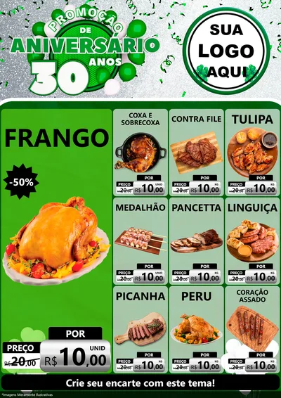 Modelo de Encarte para Encarte A4 Vertical com o tema Promoção de Aniversário - 30 Anos para Assados