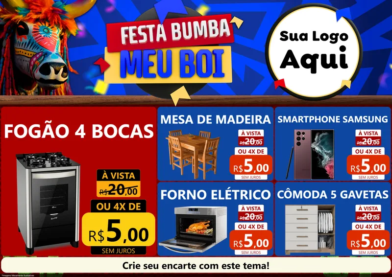 Modelo de Encarte para Encarte A4 Horizontal com o tema Festa Bumba meu Boi para Móveis e Eletro