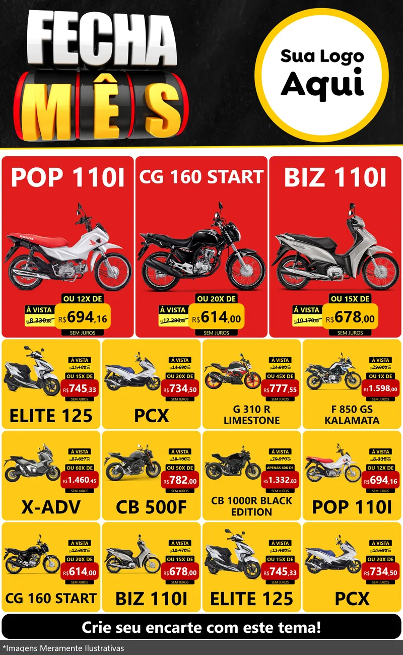 Modelo de Encarte para Encarte Grande com o tema Fecha Mês para Concessionaria de Motos