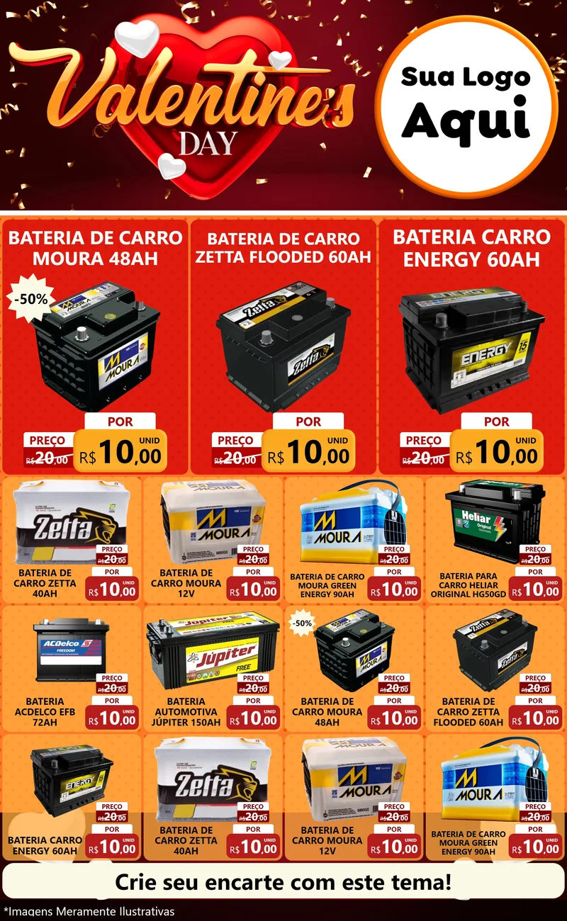 Modelo de Encarte para Encarte Grande com o tema Valentine's Day para Baterias Elétricas