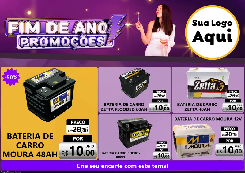 Modelo de Encarte para Encarte A4 Horizontal com o tema Fim de Ano Promoções para Baterias Elétricas
