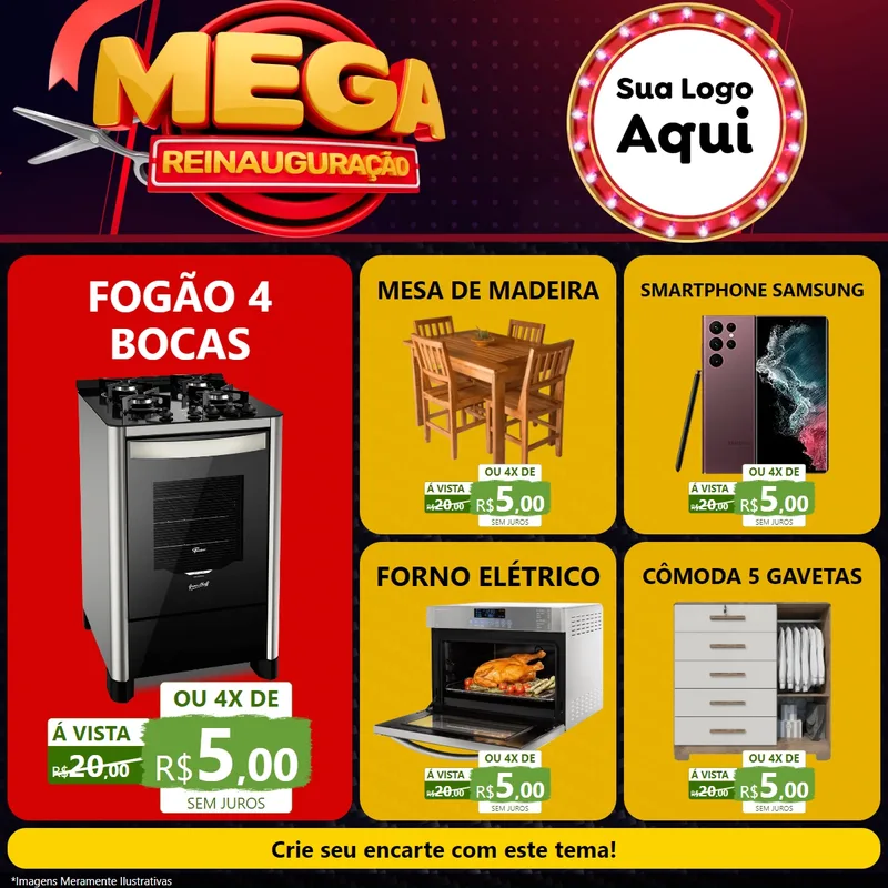 Modelo de Rede Social para Feed Facebook com o tema Mega Reinauguração para Móveis e Eletro