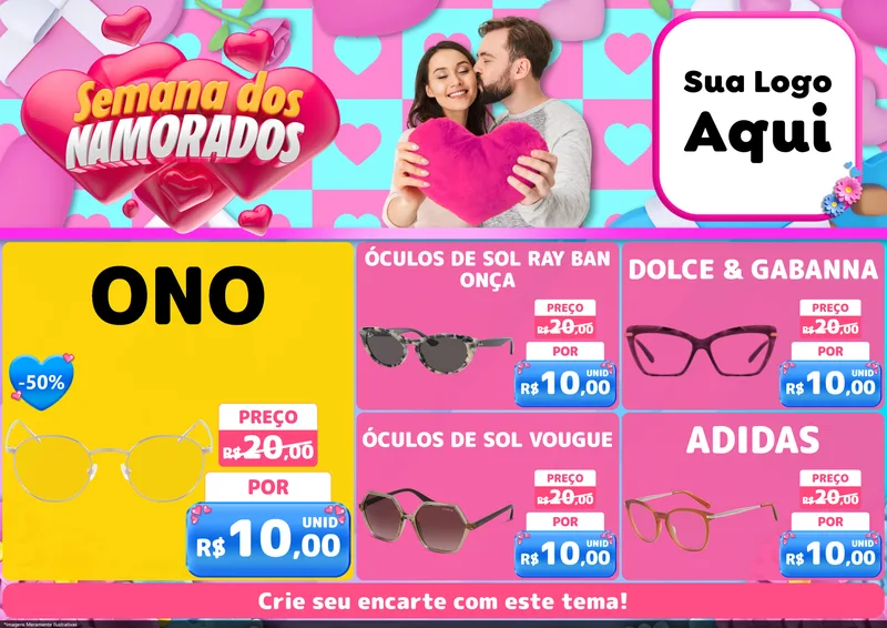 Modelo de Encarte para Encarte A4 Horizontal com o tema Semana dos Namorados para Óticas