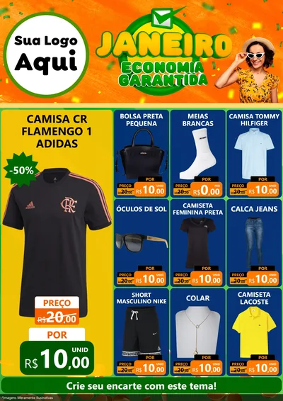 Modelo de Encarte para Encarte A4 Vertical com o tema Janeiro - Economia Garantida para Roupas e acessórios