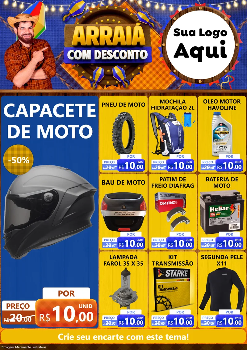 Modelo de Encarte para Encarte A4 Vertical com o tema Arraiá Com Desconto para Moto peças