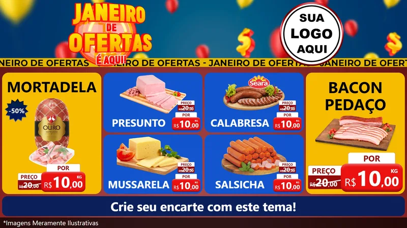 Modelo de TV para TV Horizontal com o tema Janeiro de Ofertas É Aqui! para Frios e Laticínios