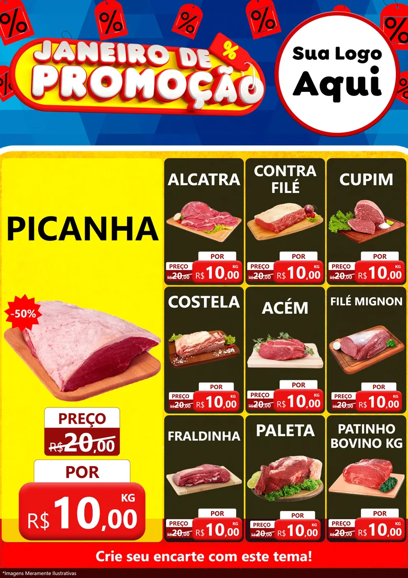 Modelo de Encarte para Encarte A4 Vertical com o tema Janeiro de Promoção para Açougue