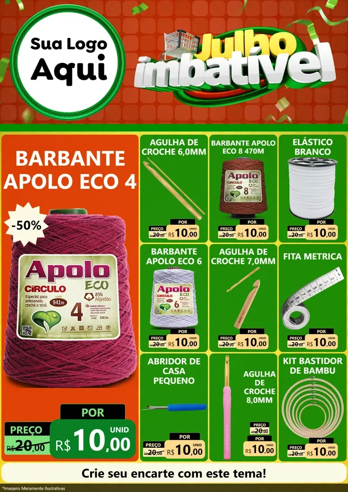 Modelo de Encarte para Encarte A4 Vertical com o tema Julho Imbatível para Armarinho e Aviamentos