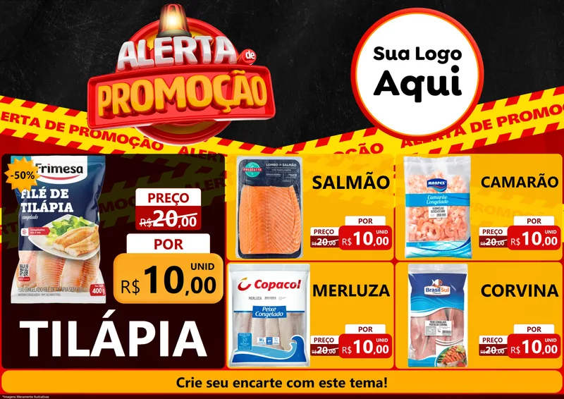 Modelo de Encarte para Encarte A4 Horizontal com o tema Alerta de Promoção para Peixaria