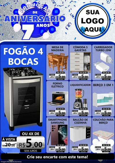 Modelo de Encarte para Encarte A4 Vertical com o tema Promoção de Aniversário - 7 Anos para Móveis e Eletro