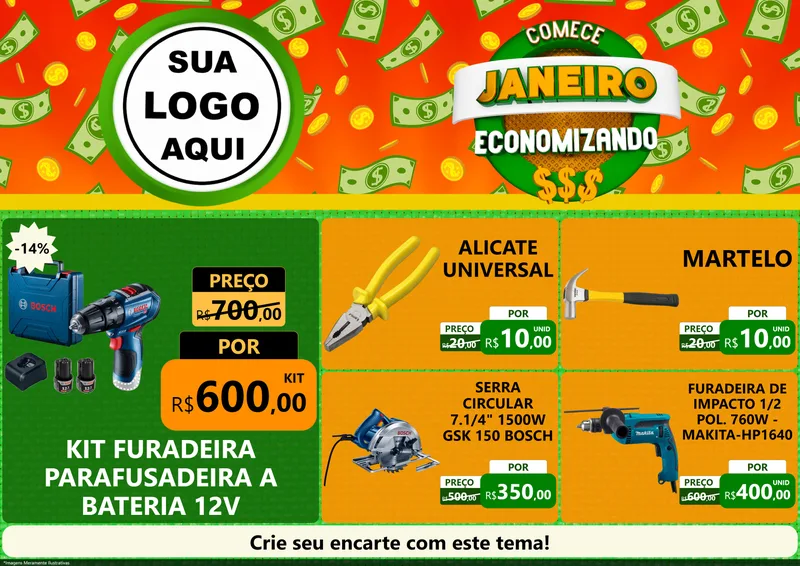 Modelo de Encarte para Encarte A4 Horizontal com o tema Comece Janeiro Economizando para Maquinas e Ferramentas