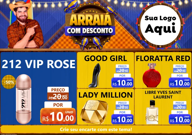 Modelo de Encarte para Encarte A4 Horizontal com o tema Arraiá Com Desconto para Perfumes