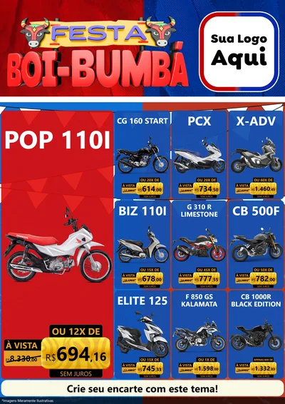 Modelo de Encarte para Encarte A4 Vertical com o tema Festa Boi Bumbá para Concessionaria de Motos