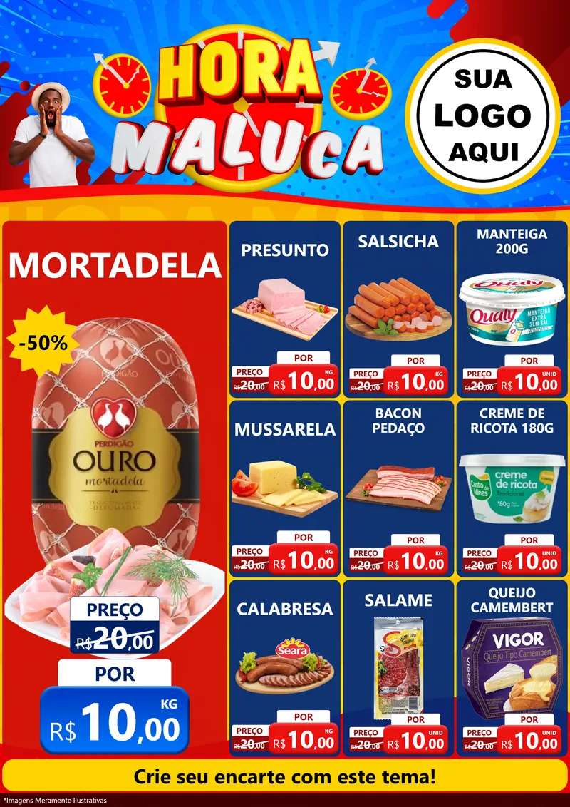 Modelo de Encarte para Encarte A4 Vertical com o tema Hora Maluca para Frios e Laticínios