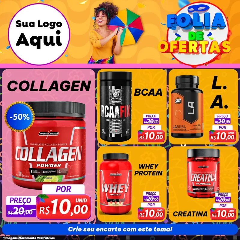 Modelo de Rede Social para Feed Facebook com o tema Folia de Ofertas para Suplementos alimentares