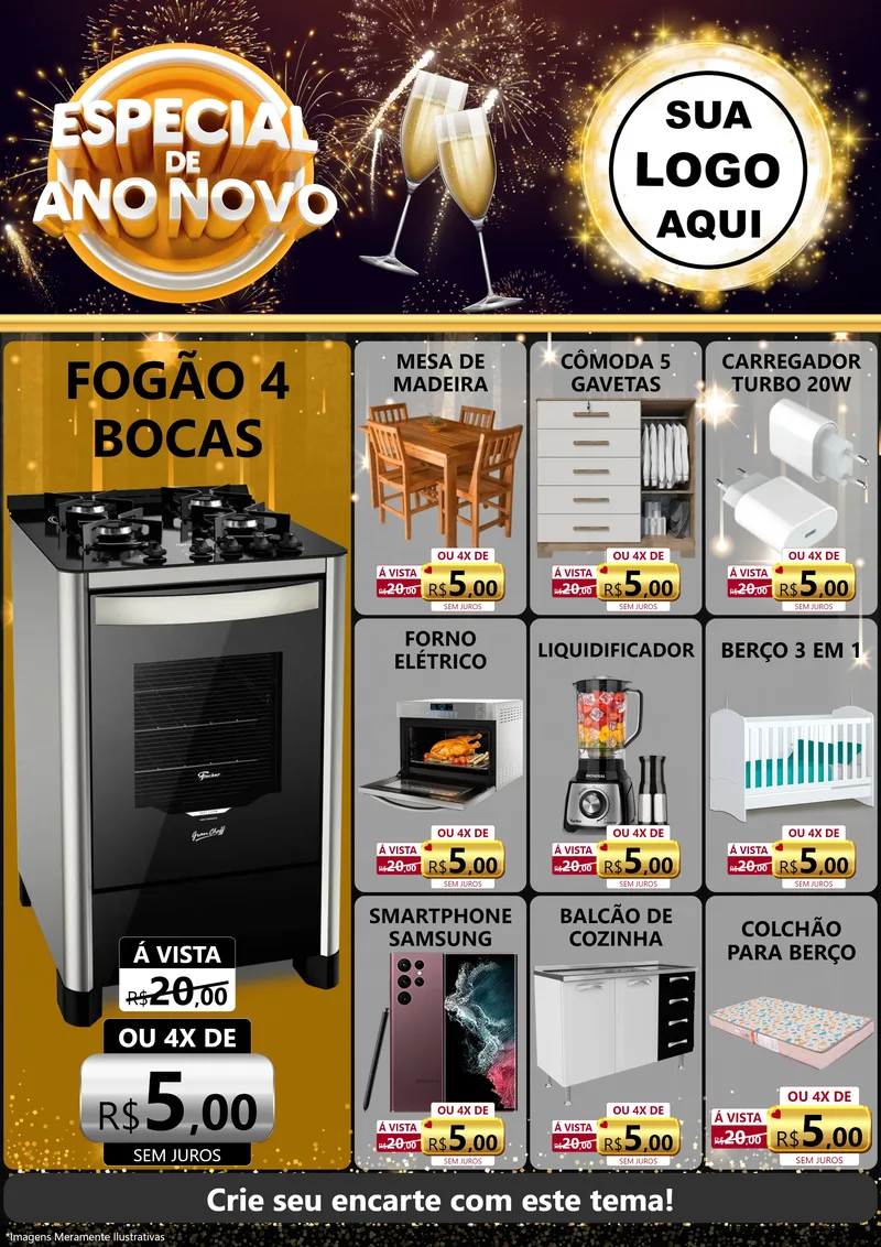 Modelo de Encarte para Encarte A4 Vertical com o tema Especial de Ano Novo para Móveis e Eletro