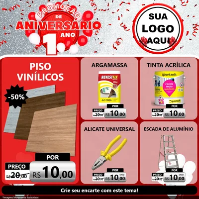 Modelo de Rede Social para Feed Facebook com o tema Promoção de Aniversário - 1 Ano para Material para Construção