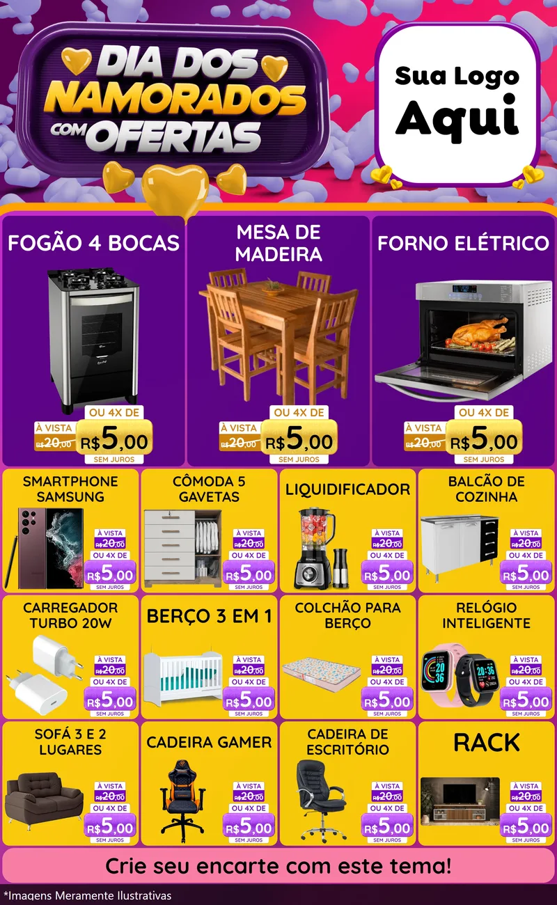 Modelo de Encarte para Encarte Grande com o tema Dia Dos Namorados Com Ofertas para Móveis e Eletro
