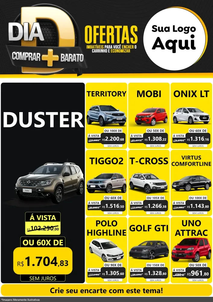 Modelo de Encarte para Encarte A4 Vertical com o tema Dia D Mais Economia para Concessionaria de Carros