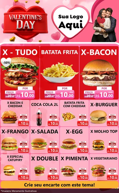 Modelo de Encarte para Encarte Grande com o tema Valentine's Day para Hamburgueria