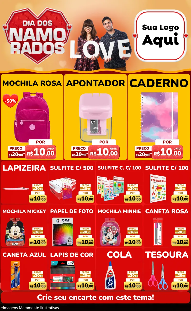 Modelo de Encarte para Encarte Grande com o tema Dia dos Namorados para Papelaria