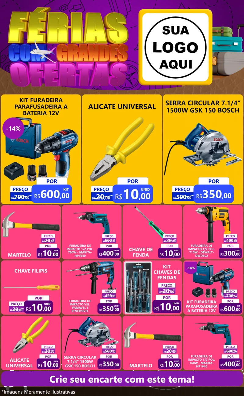 Modelo de Encarte para Encarte Grande com o tema Férias com Grandes Ofertas para Maquinas e Ferramentas