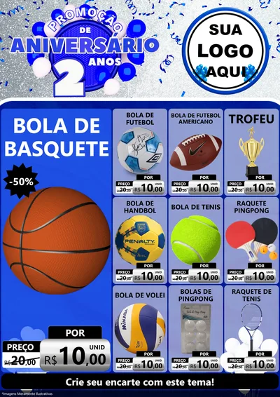 Modelo de Encarte para Encarte A4 Vertical com o tema Promoção de Aniversário - 2 Anos para Artigos Esportivos