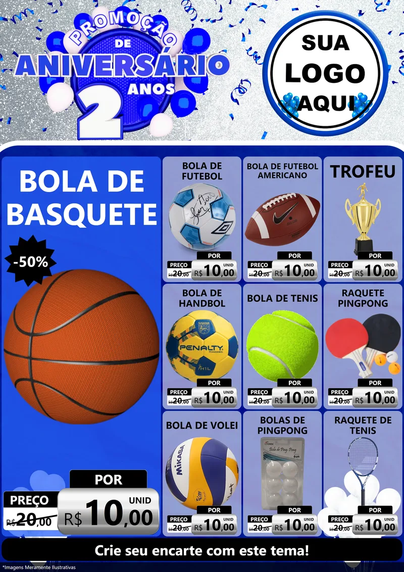 Modelo de Encarte para Encarte A4 Vertical com o tema Promoção de Aniversário - 2 Anos para Artigos Esportivos