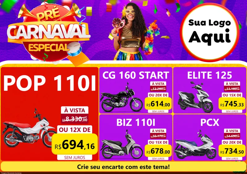 Modelo de Encarte para Encarte A4 Horizontal com o tema Pré-Carnaval Especial para Concessionaria de Motos