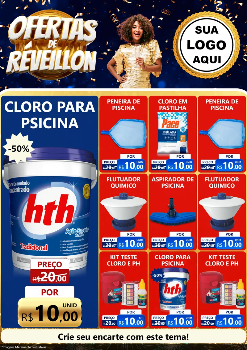 Modelo de Encarte para Encarte A4 Vertical com o tema Ofertas de Réveillon para Produtos para Piscina