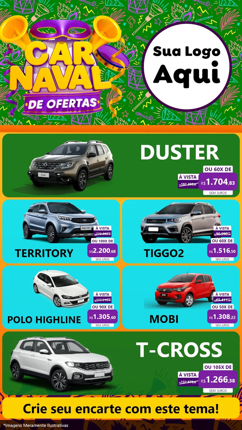 Modelo de TV para TV Vertical com o tema Carnaval de Ofertas para Concessionaria de Carros