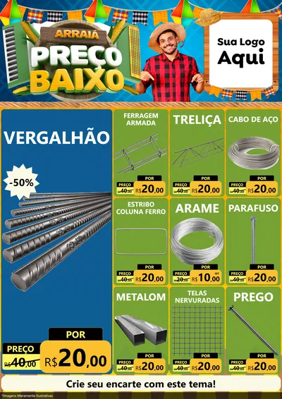 Modelo de Encarte para Encarte A4 Vertical com o tema Arraiá de Preço Baixo - Junina para Ferragens