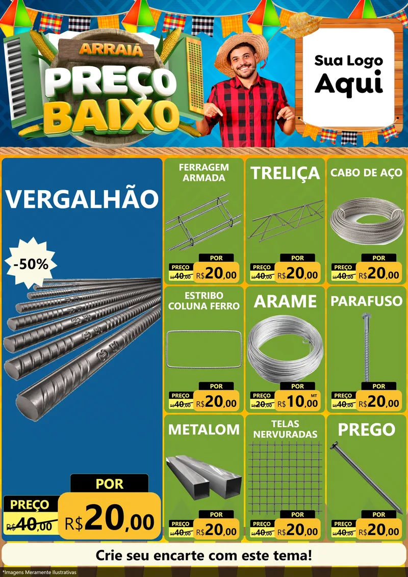 Modelo de Encarte para Encarte A4 Vertical com o tema Arraiá de Preço Baixo - Junina para Ferragens