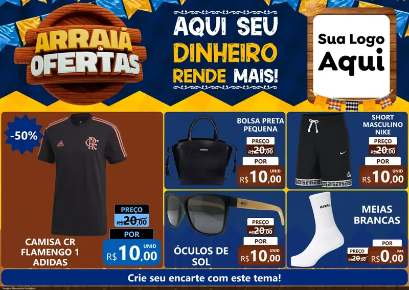 Modelo de Encarte para Encarte A4 Horizontal com o tema Arraiá de Ofertas - Junina para Roupas e acessórios