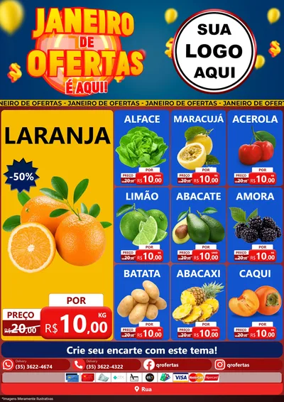 Modelo de Encarte para Encarte A4 Vertical com o tema Janeiro de Ofertas É Aqui! para Hortifrúti