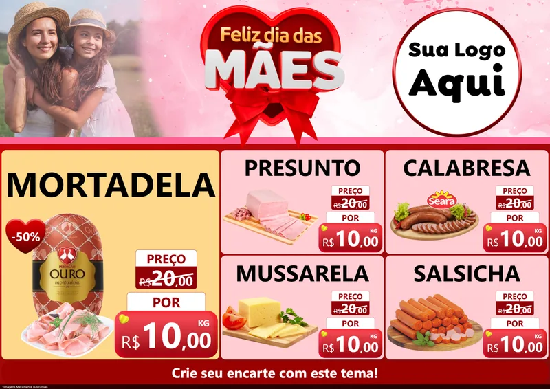 Modelo de Encarte para Encarte A4 Horizontal com o tema Feliz Dia Das Mães para Frios e Laticínios