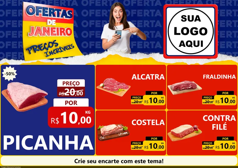Modelo de Encarte para Encarte A4 Horizontal com o tema Ofertas de Janeiro - Preços Incríveis para Açougue
