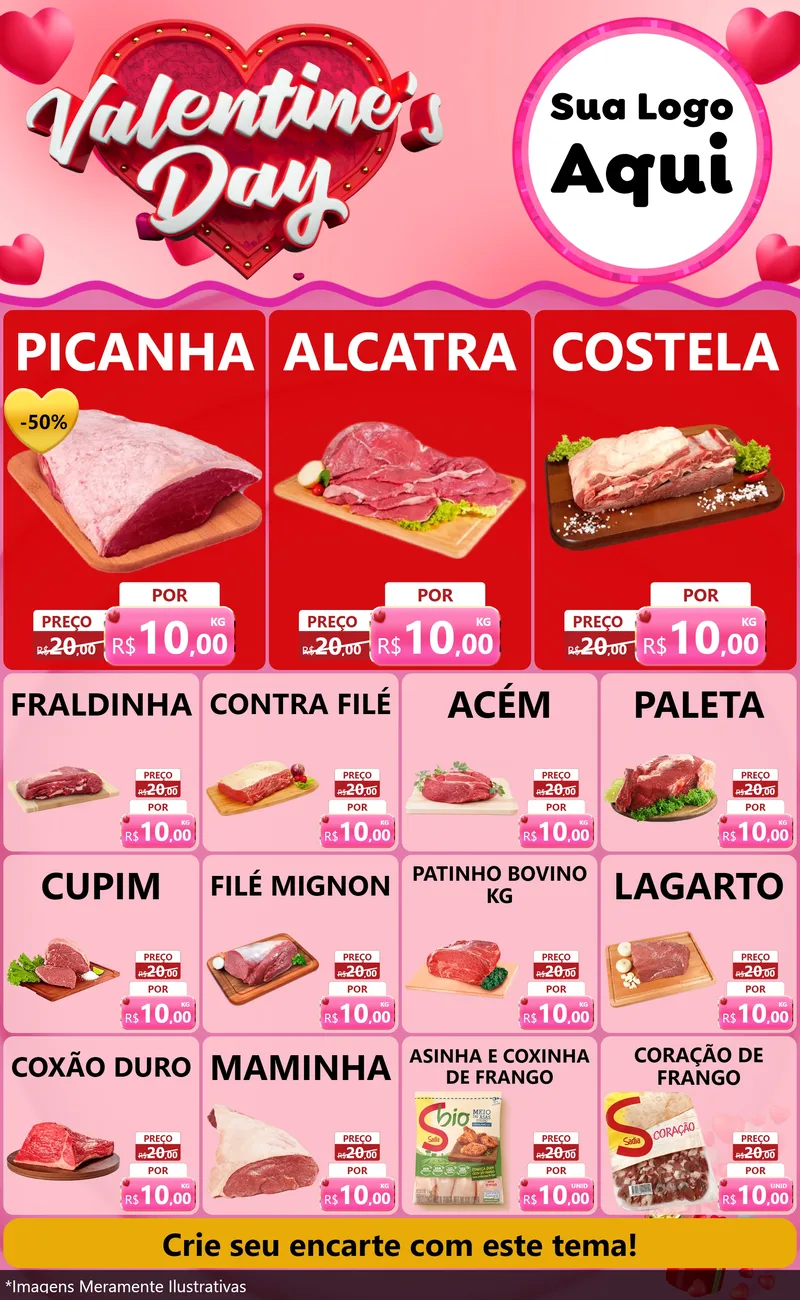 Modelo de Encarte para Encarte Grande com o tema Valentine's Day para Açougue