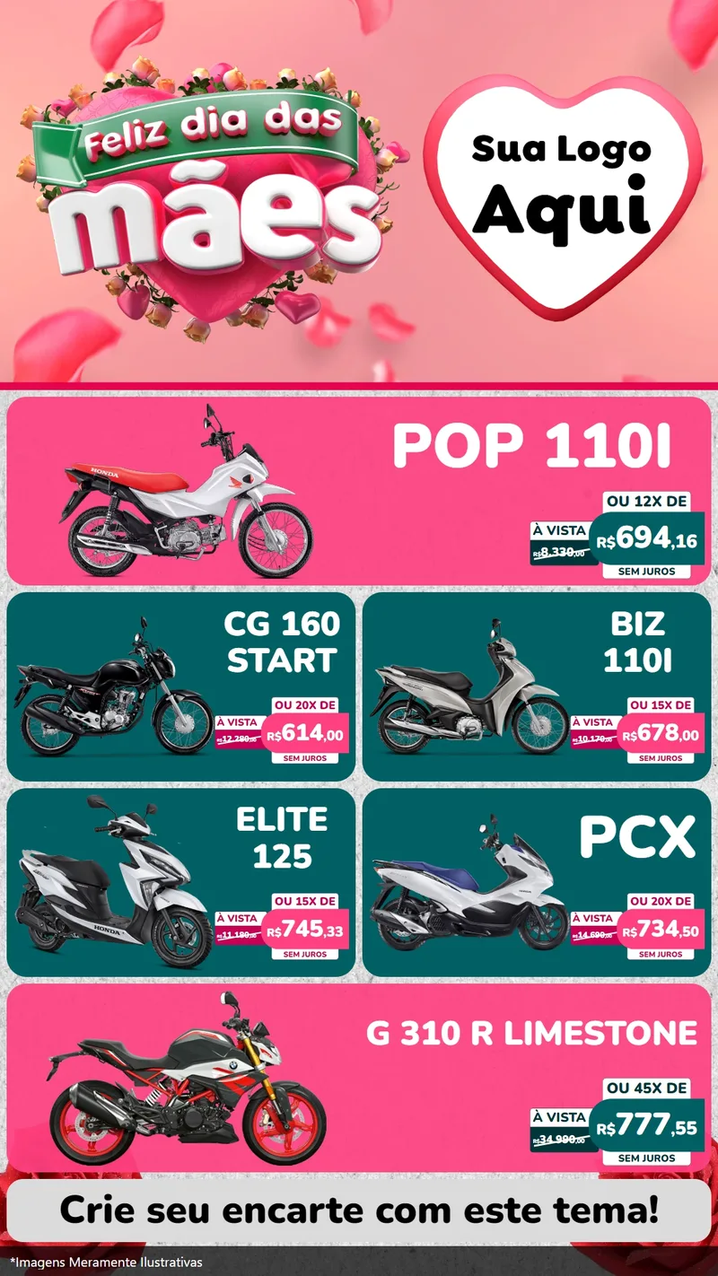 Modelo de TV para TV Vertical com o tema Feliz Dia das Mães para Concessionaria de Motos