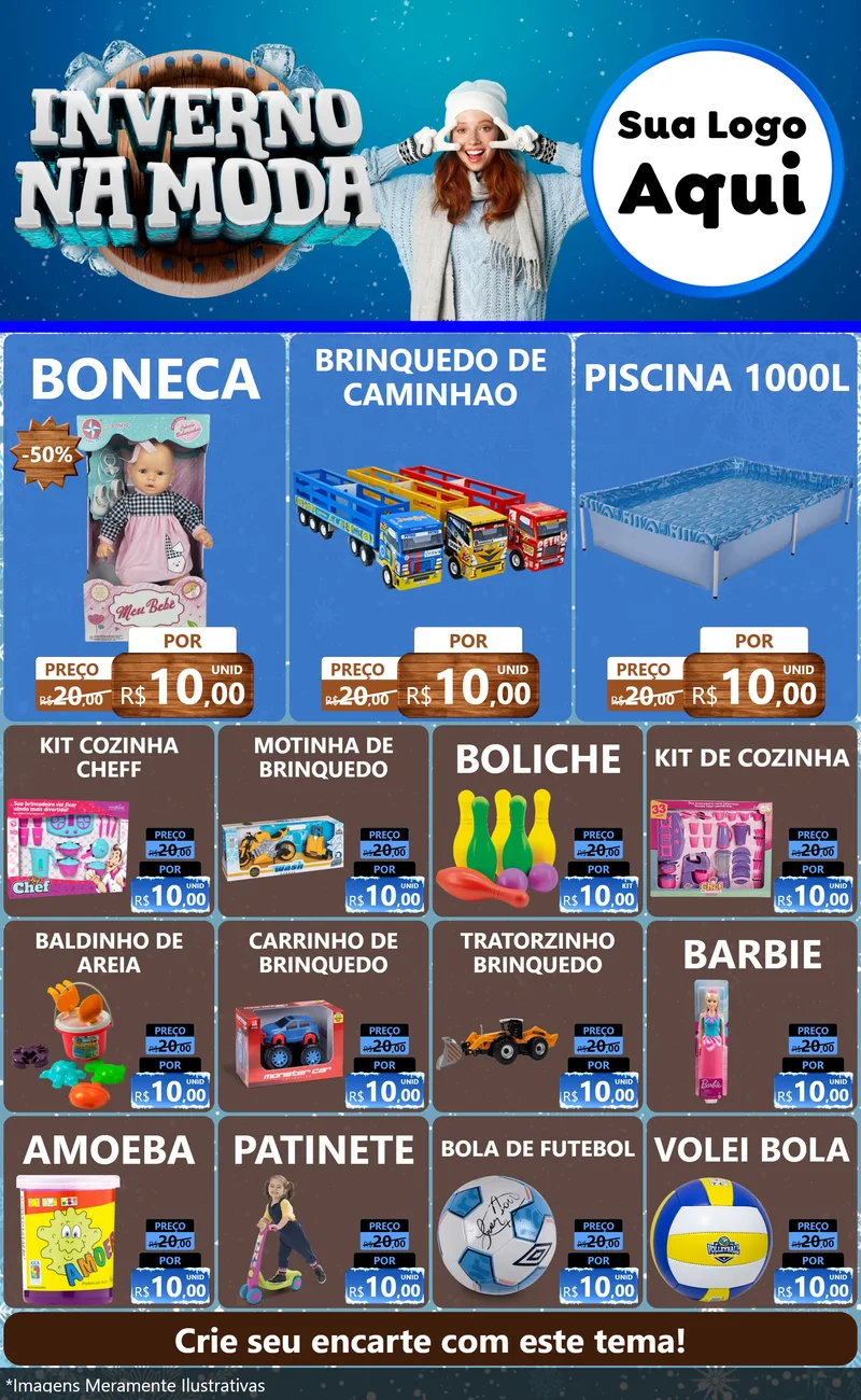Modelo de Encarte para Encarte Grande com o tema Inverno na Moda para Brinquedos