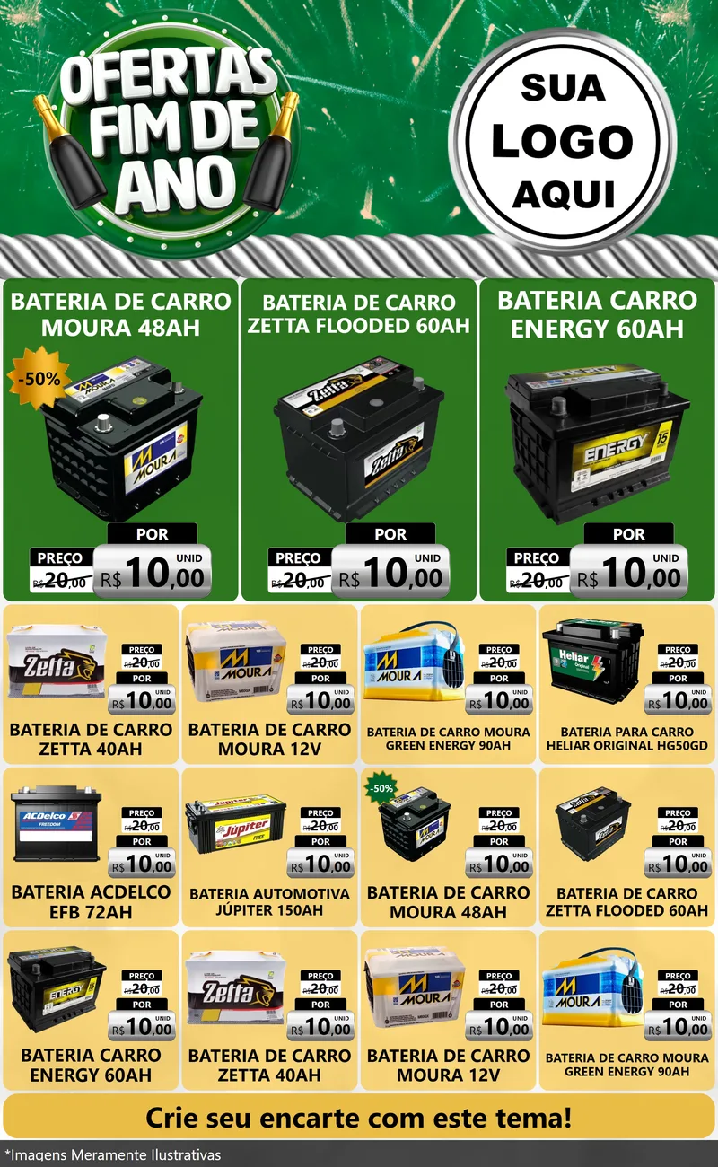 Modelo de Encarte para Encarte Grande com o tema Ofertas Fim de Ano para Baterias Elétricas