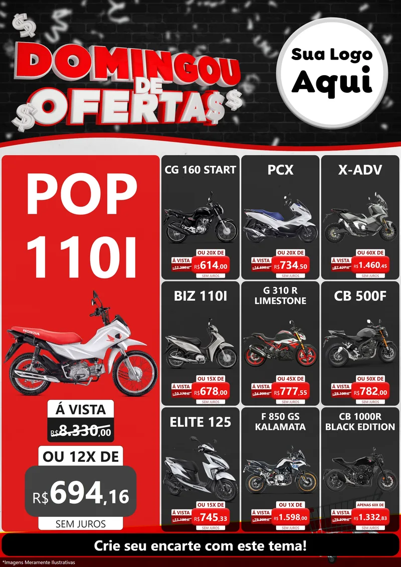 Modelo de Encarte para Encarte A4 Vertical com o tema Domingou de Ofertas para Concessionaria de Motos