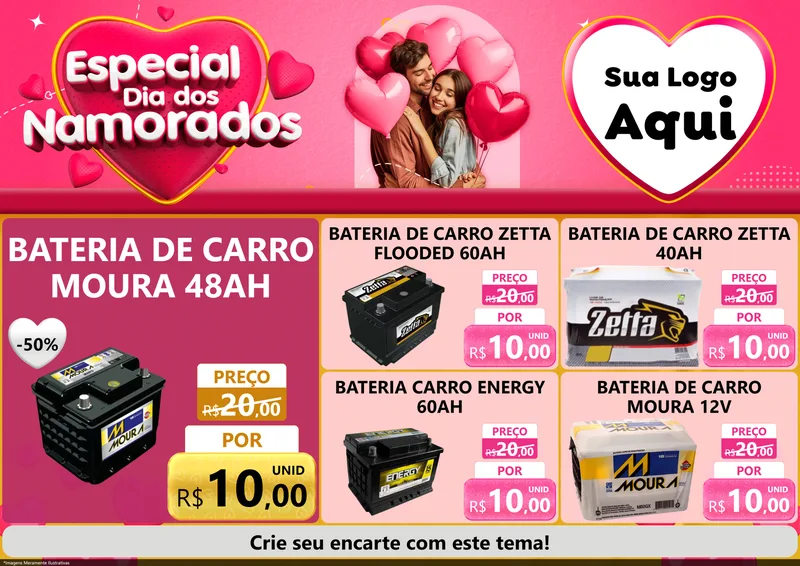 Modelo de Encarte para Encarte A4 Horizontal com o tema Especial Dia dos Namorados para Baterias Elétricas